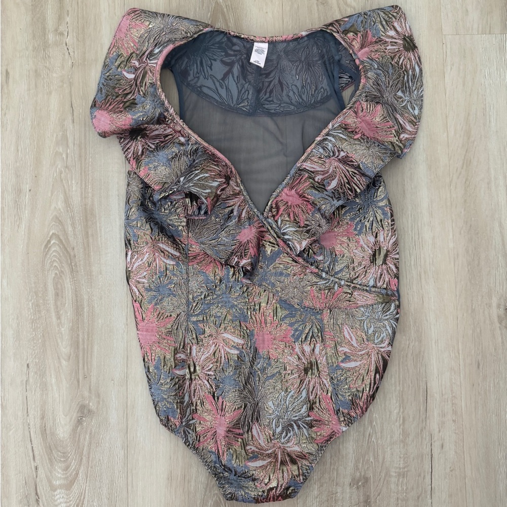 Victoria's Secret Blue and Pink Mesh Back  Bodysuit Large